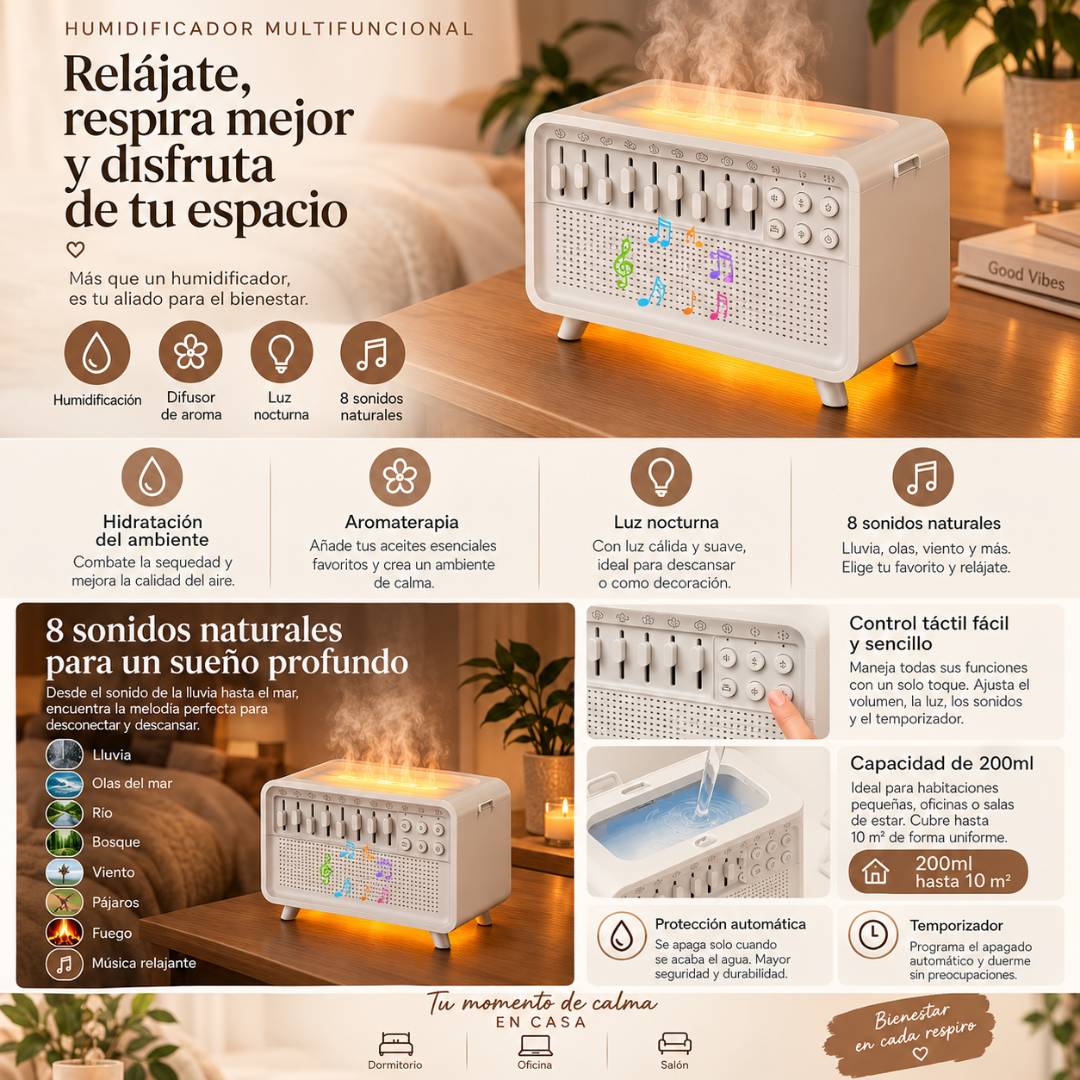 Humidificador musical con bluetooth, 8 sonidos naturales y luz nocturna