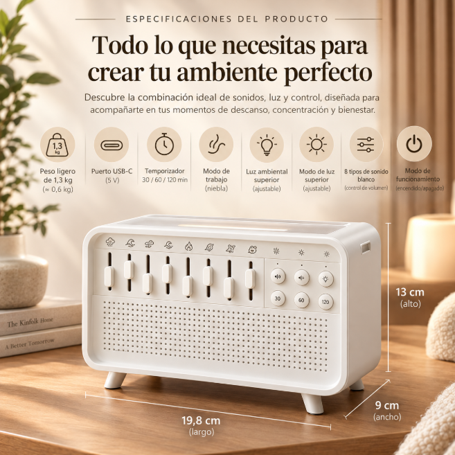 Humidificador musical con bluetooth, 8 sonidos naturales y luz nocturna